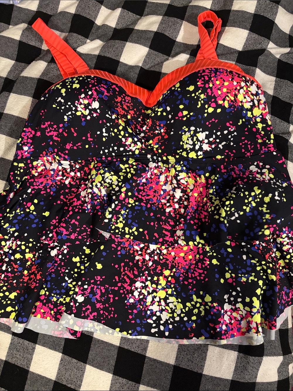 Addition Elle Black Camisole Tankini with Neon Pink Trim and Multicolor Splatter